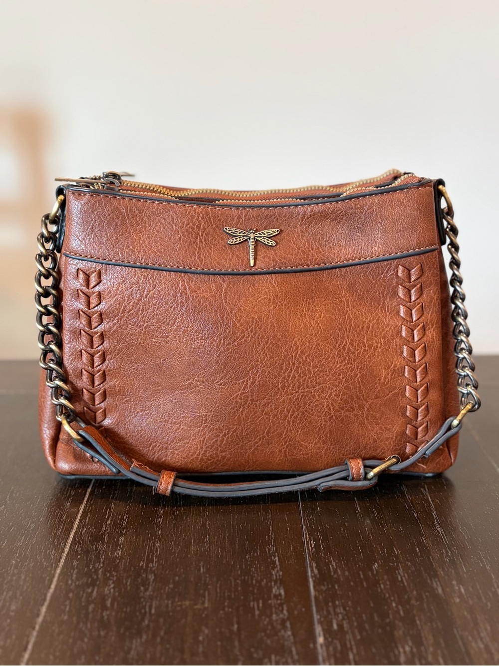 Women's Brown Leather Shoulder Bag with Dragonfly Accent